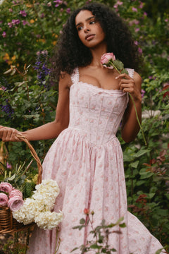 LILY - pink rose print corset Midi Dress