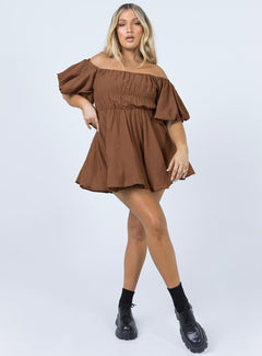 Dollores Brown - Puff Sleeve Off Shoulder Mini Dress