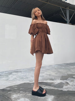 Dollores Brown - Puff Sleeve Off Shoulder Mini Dress
