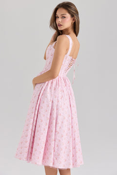 LILY - pink rose print corset Midi Dress