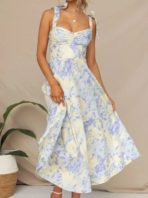 Lucy - Floral Tie-Strap Sweetheart Neck Midi Dress