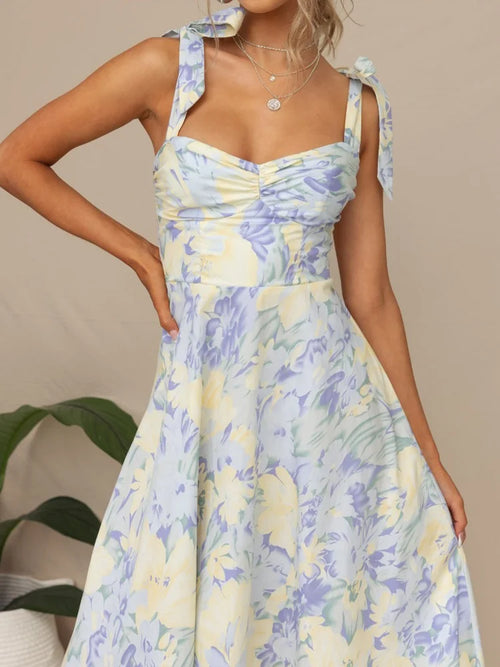 Lucy - Floral Tie-Strap Sweetheart Neck Midi Dress