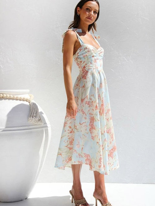 Lucy - Floral Tie-Strap Sweetheart Neck Midi Dress