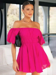 Dollores Pink - Puff Sleeve Off Shoulder Mini Dress