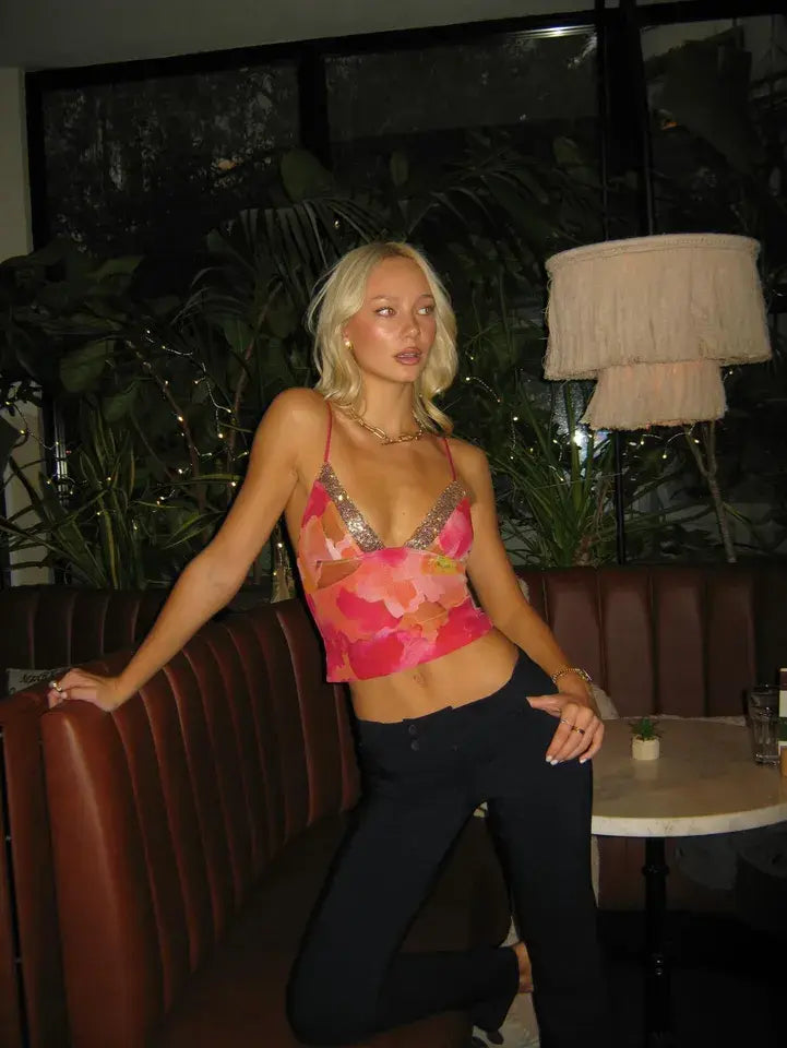 GINNY SEQUIN SPAGHETTI DEEP V-NECK CROP TOP - RED