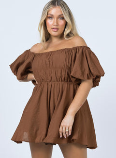 Dollores Brown -  Puff Sleeve Off Shoulder Mini Dress
