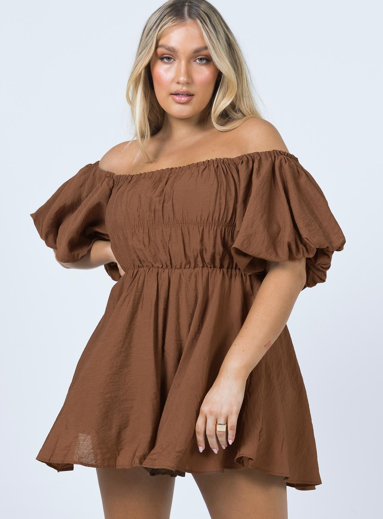 Dollores Brown -  Puff Sleeve Off Shoulder Mini Dress