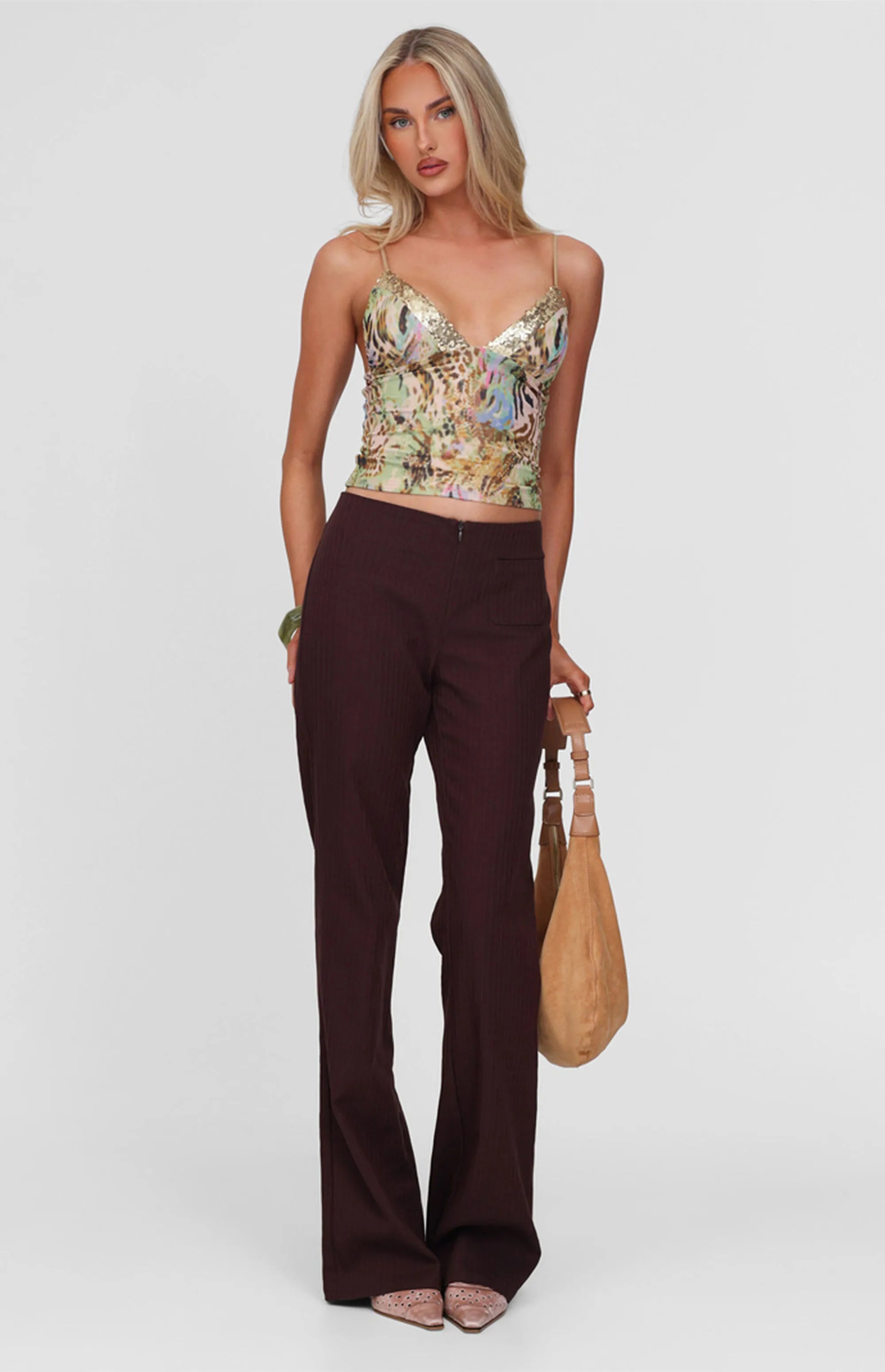 GINNY SEQUIN SPAGHETTI DEEP V-NECK CROP TOP - YELLOW