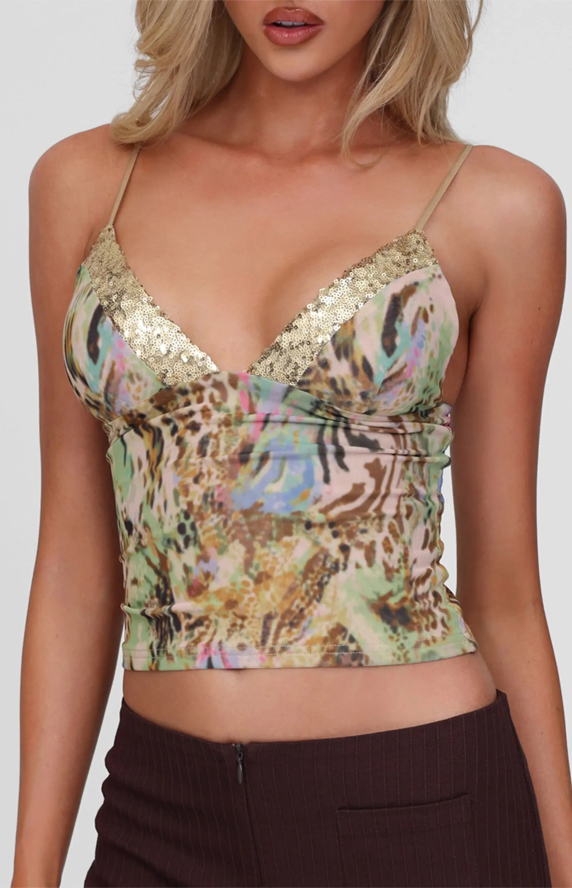 GINNY SEQUIN SPAGHETTI DEEP V-NECK CROP TOP - YELLOW