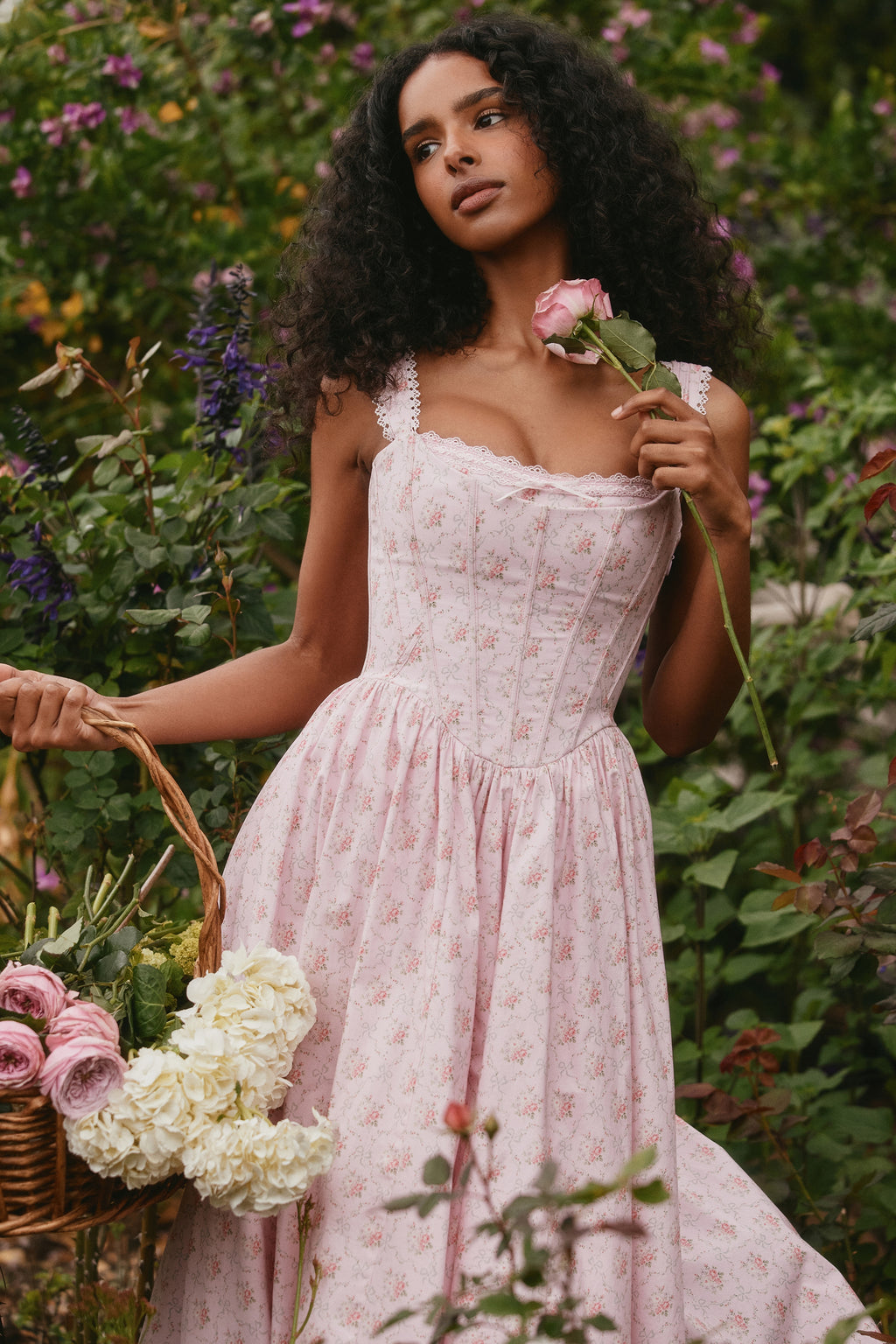 LILY - pink rose print corset Midi Dress