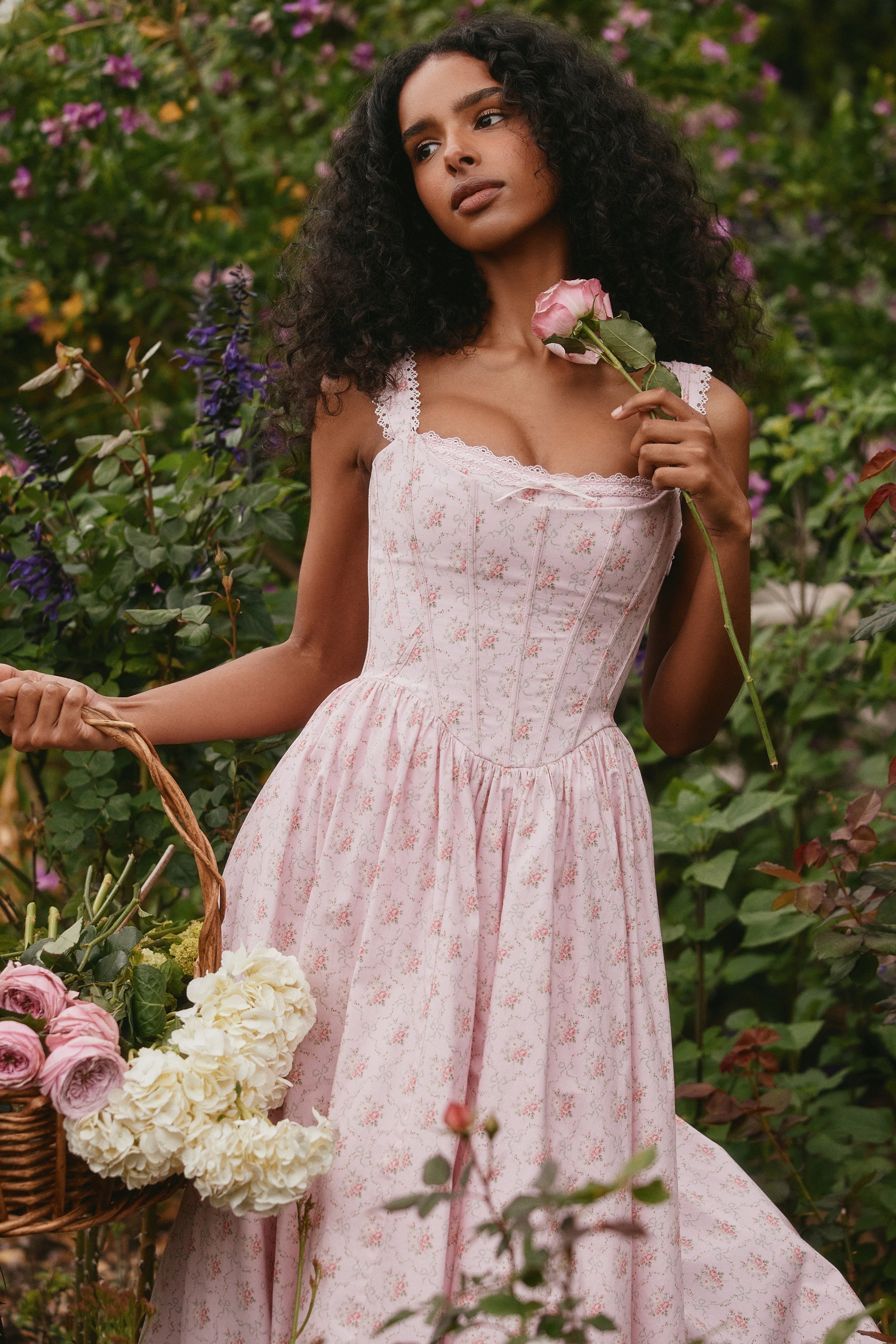LILY - pink rose print corset Midi Dress
