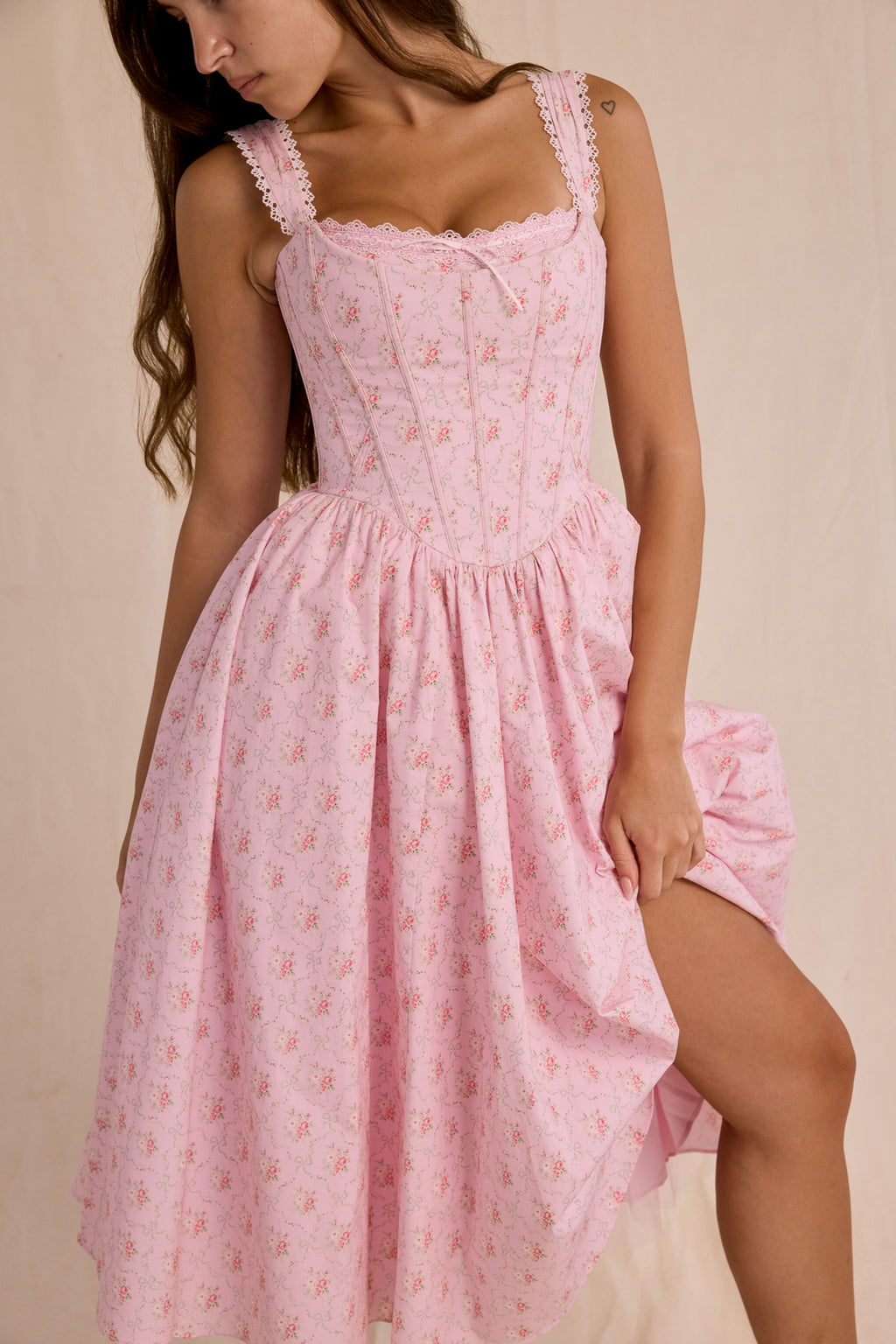 LILY - pink rose print corset Midi Dress