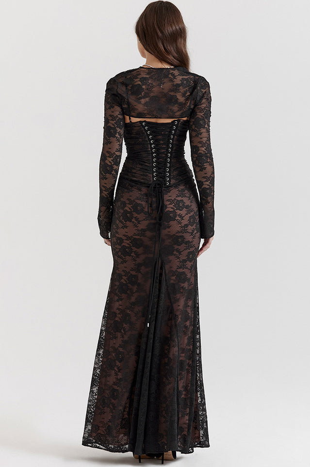 Vintage Black- Floral Lace Maxi Dress