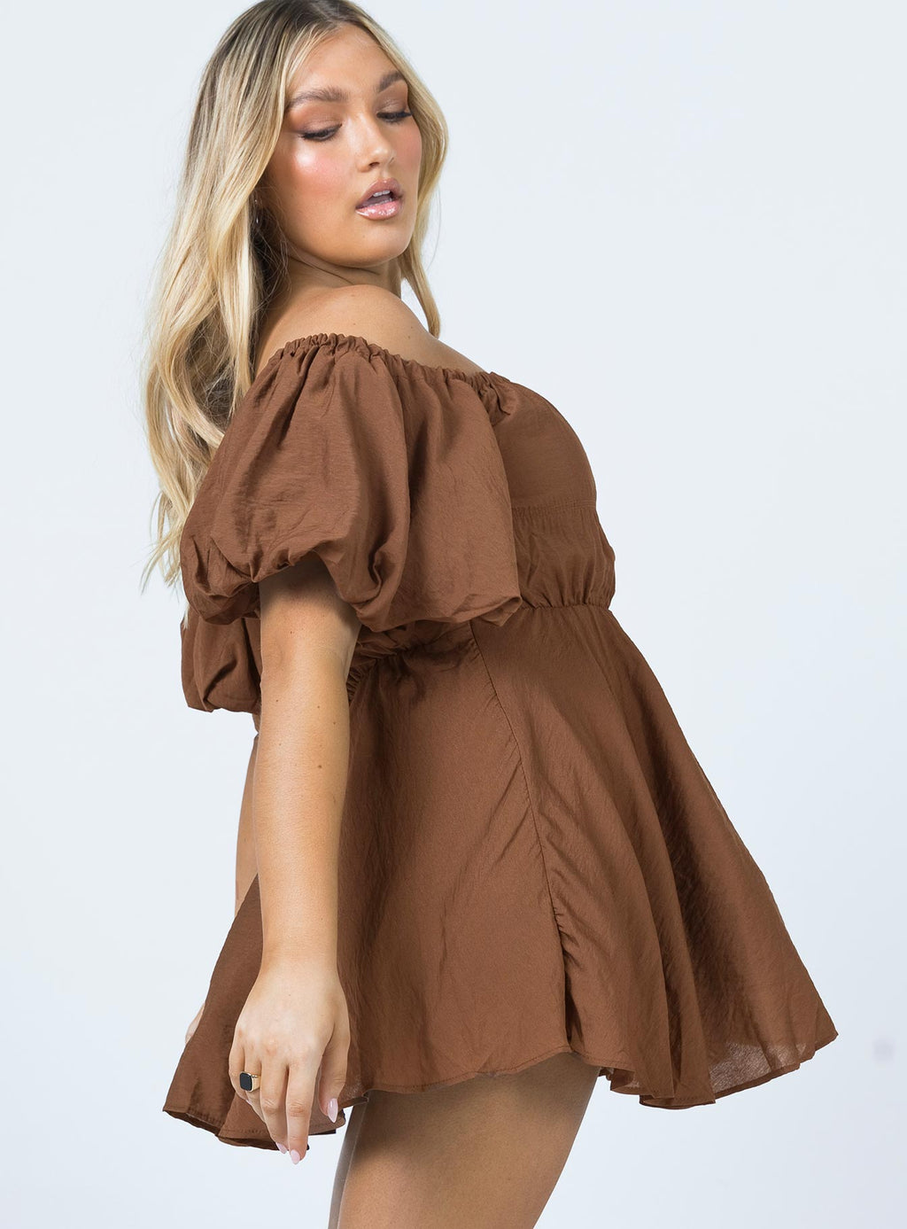Dollores Brown -  Puff Sleeve Off Shoulder Mini Dress