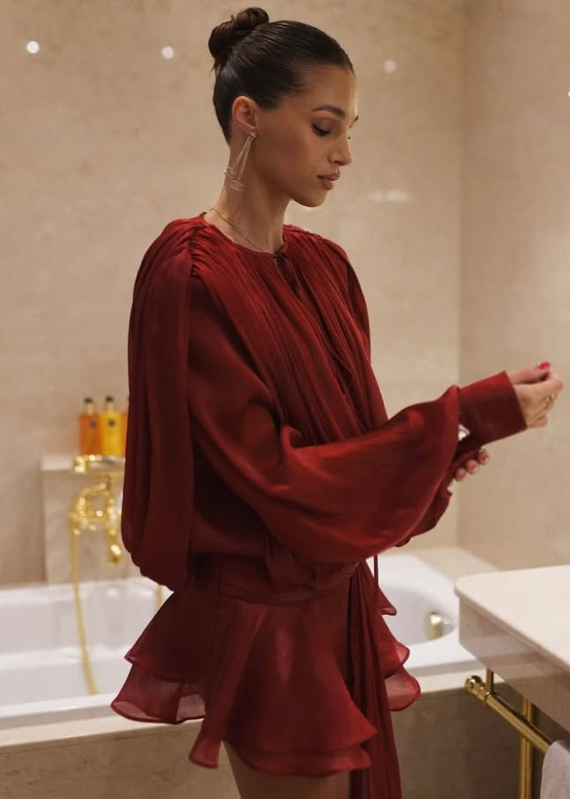 ÉLÉGANTE LANTERN SLEEVE TIE RUFFLES MINI DRESS