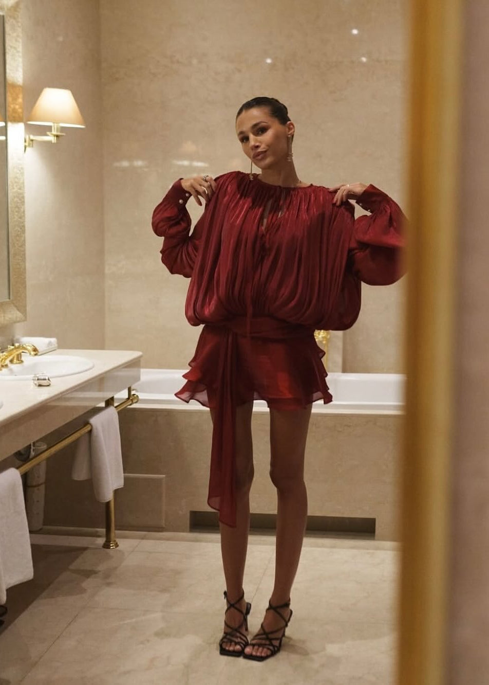 ÉLÉGANTE LANTERN SLEEVE TIE RUFFLES MINI DRESS