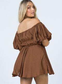 Dollores Brown -  Puff Sleeve Off Shoulder Mini Dress