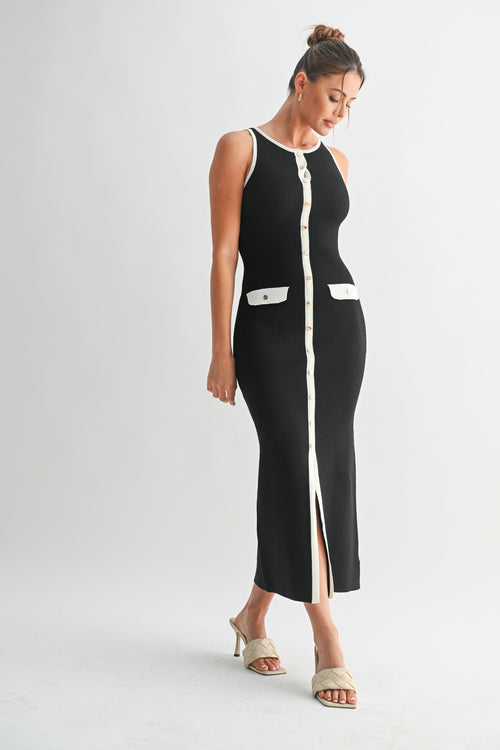 Veil - Ribbed Button Down Tie Midi Dress