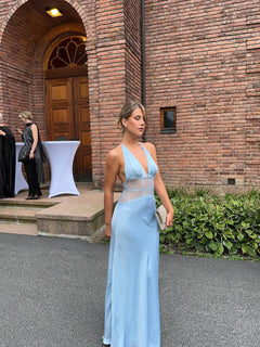 Primrose Blue - Long Silke Satin Maxi Dress