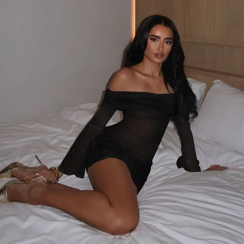 MIRACLE LONG SLEEVE GLITTER MINI DRESS - BLACK