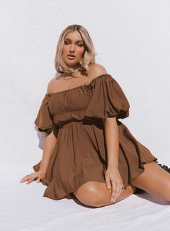 Dollores Brown -  Puff Sleeve Off Shoulder Mini Dress