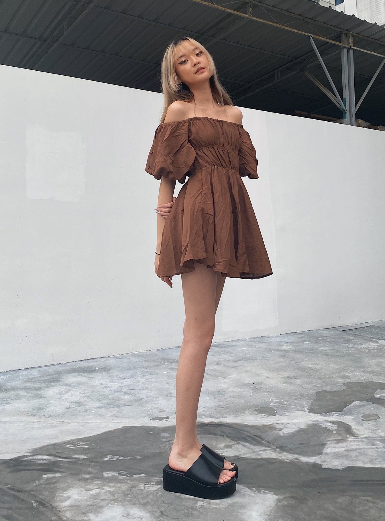 Dollores Brown -  Puff Sleeve Off Shoulder Mini Dress