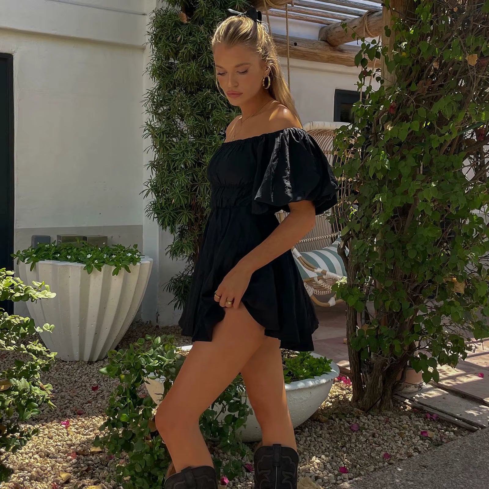 Dollores Black -  Puff Sleeve Off Shoulder Mini Dress