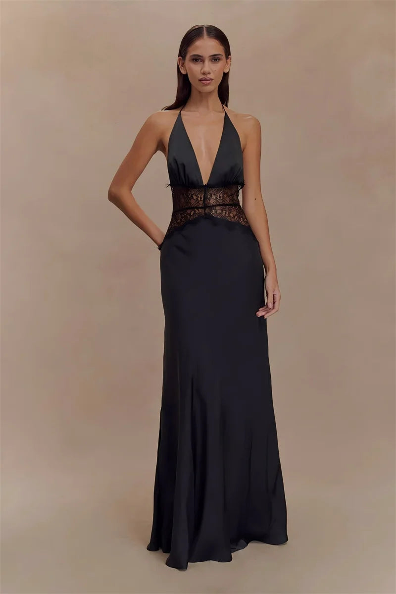 Primrose Black - Long Silke Satin Maxi Dress