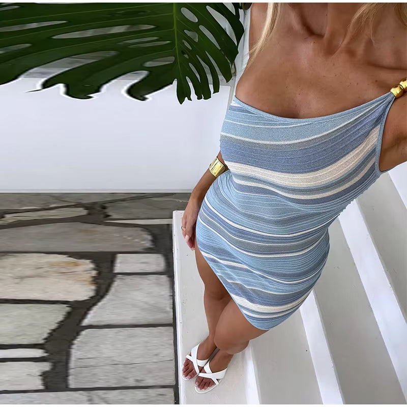 CHICK STRIPED ONE SHOULDER SLEEVELESS BODYCON MINI DRESS