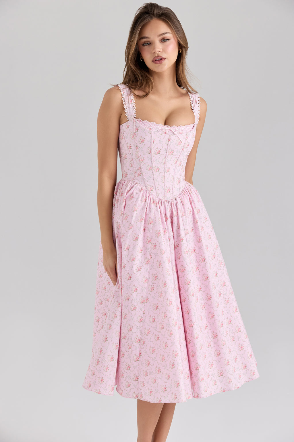 LILY - pink rose print corset Midi Dress