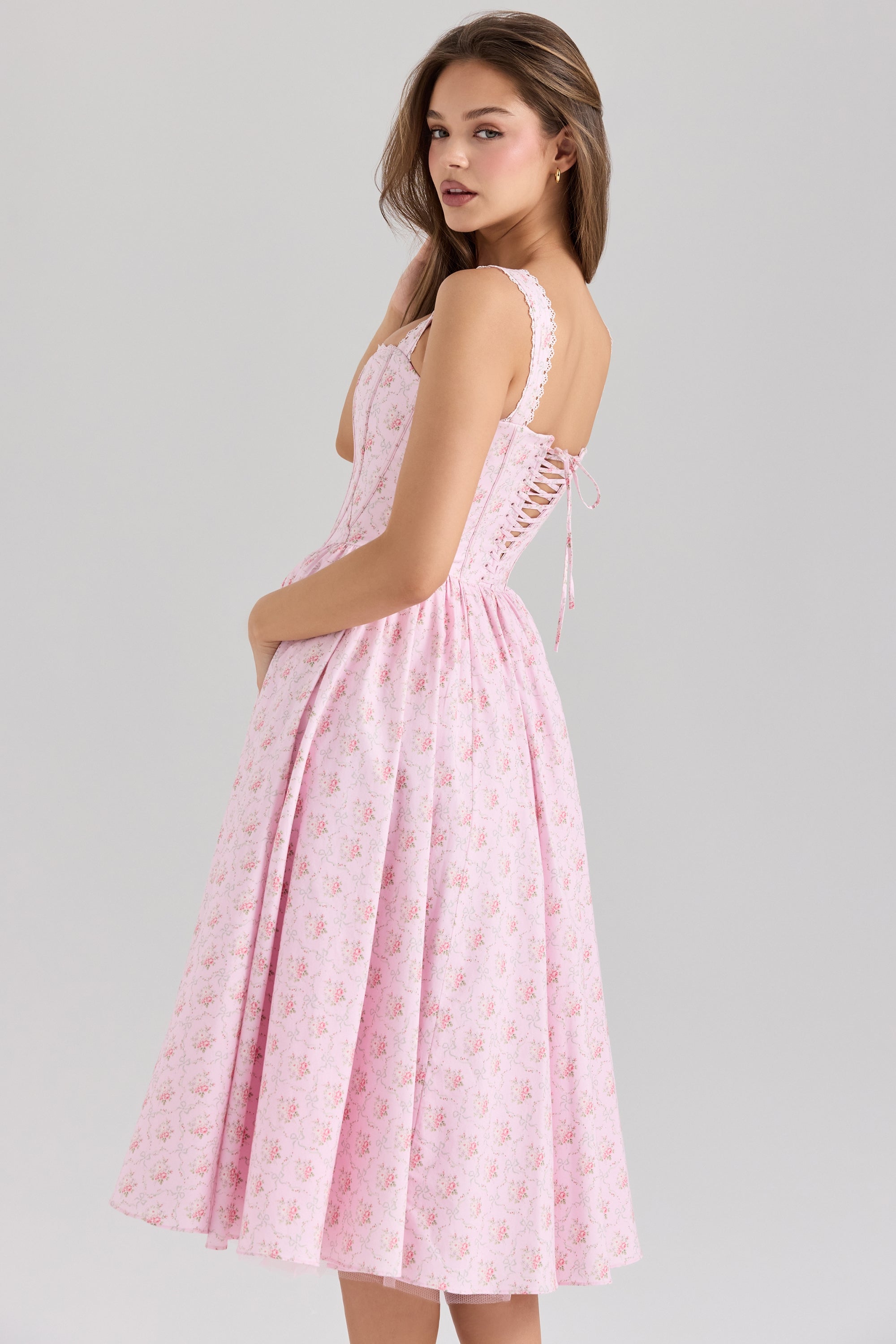 LILY - pink rose print corset Midi Dress