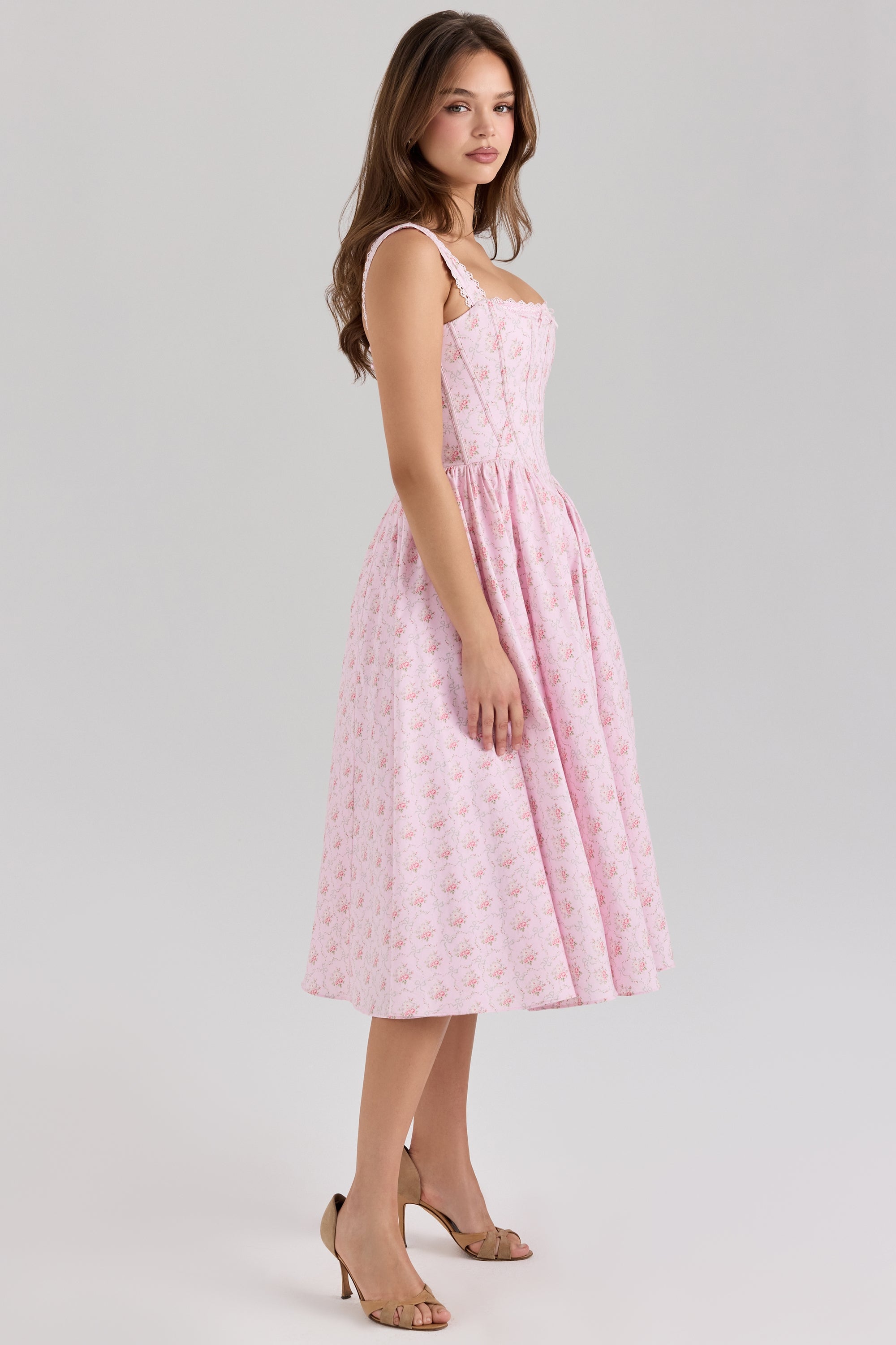LILY - pink rose print corset Midi Dress