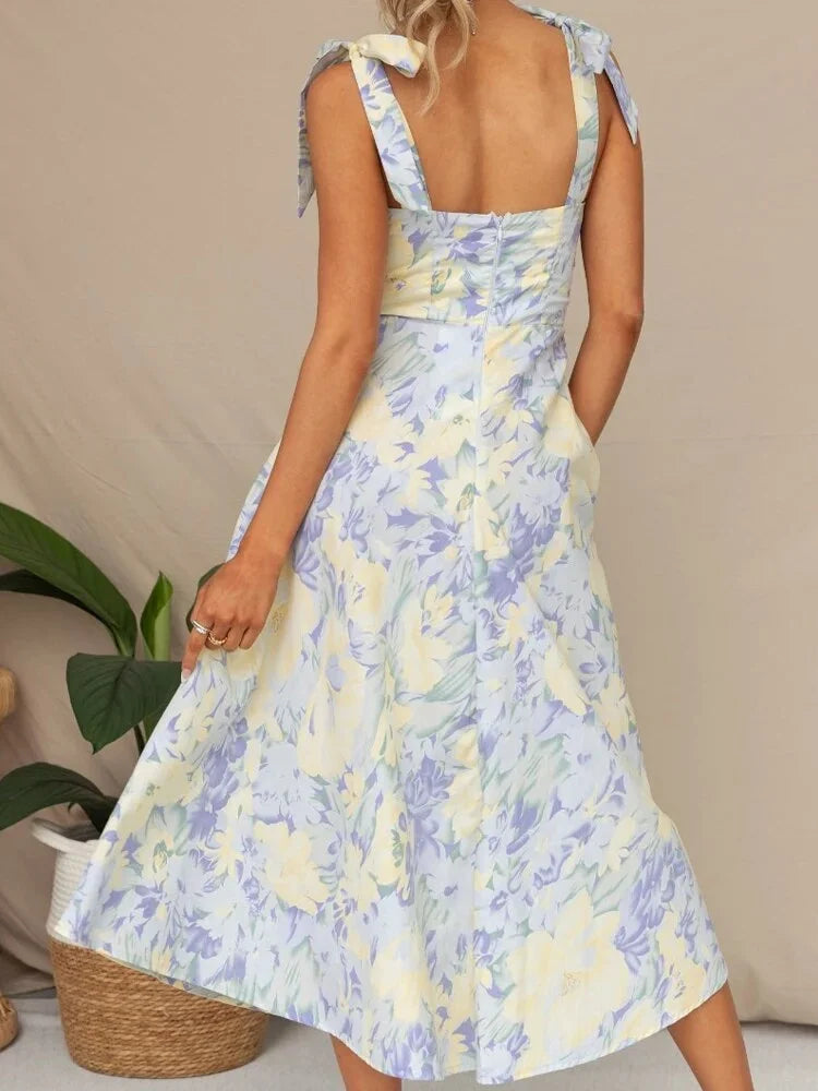 Lucy - Floral Tie-Strap Sweetheart Neck Midi Dress