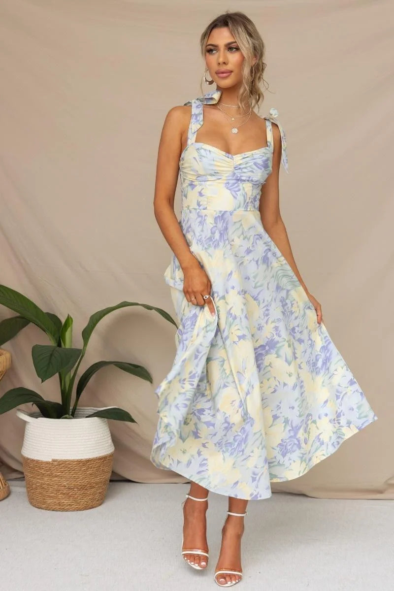 Lucy - Floral Tie-Strap Sweetheart Neck Midi Dress