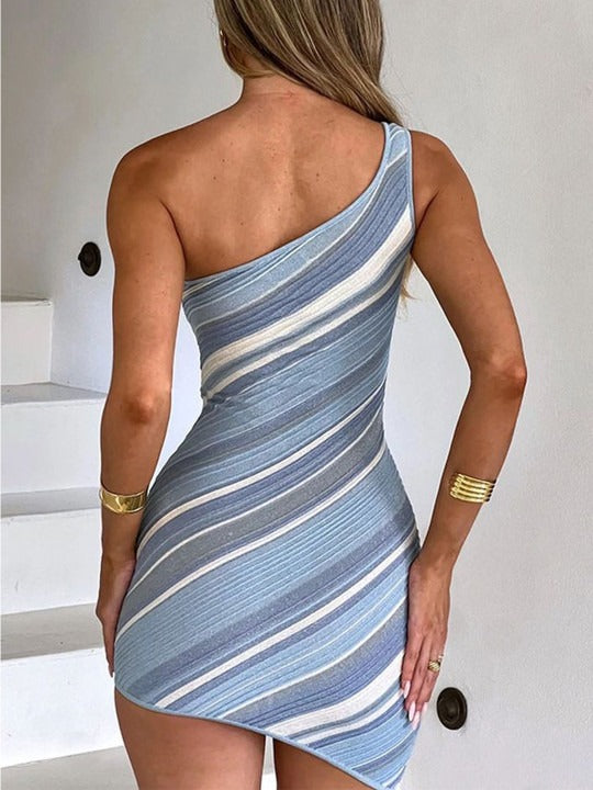 CHICK STRIPED ONE SHOULDER SLEEVELESS BODYCON MINI DRESS