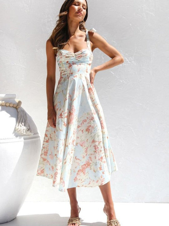 Lucy - Floral Tie-Strap Sweetheart Neck Midi Dress