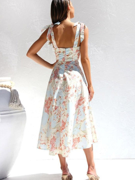 Lucy - Floral Tie-Strap Sweetheart Neck Midi Dress