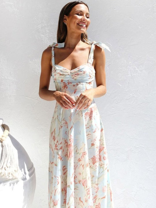 Lucy - Floral Tie-Strap Sweetheart Neck Midi Dress
