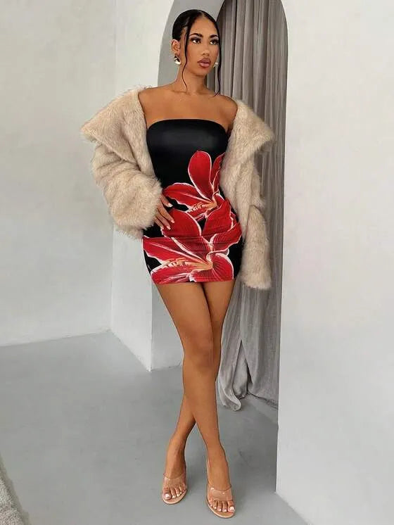 Liora Black - Charm Floral Strapless Backless Mini Dress