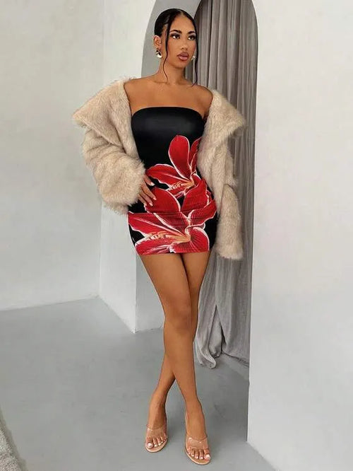 Liora Black - Charm Floral Strapless Backless Mini Dress