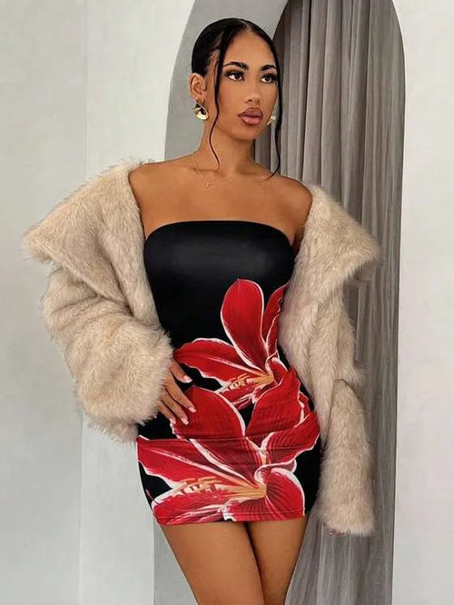 Liora Black - Charm Floral Strapless Backless Mini Dress