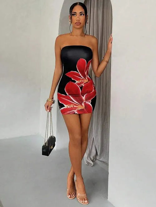 Liora Black - Charm Floral Strapless Backless Mini Dress